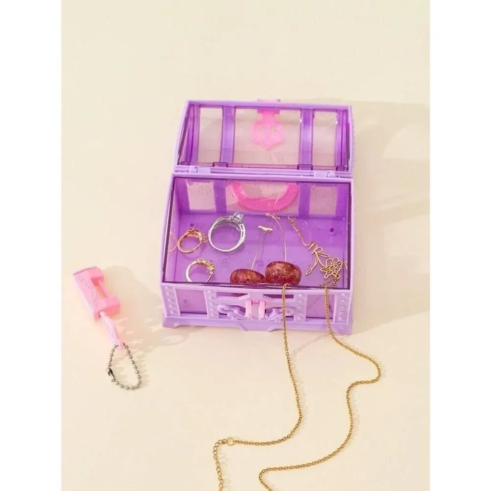 Purple Treasure Box & Key Girls Kids Organizer Plastic Jewelry Play Gift Cute